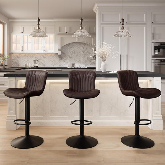 YOUNIKE 3 Brown Bar Stools Modern Swivel Counter Height Bar Chair with Back Adjustable Kitchen Island Faux Leather Padded Barstools taburetes de bar Breakfast sillas para barra de cocina 3PCS