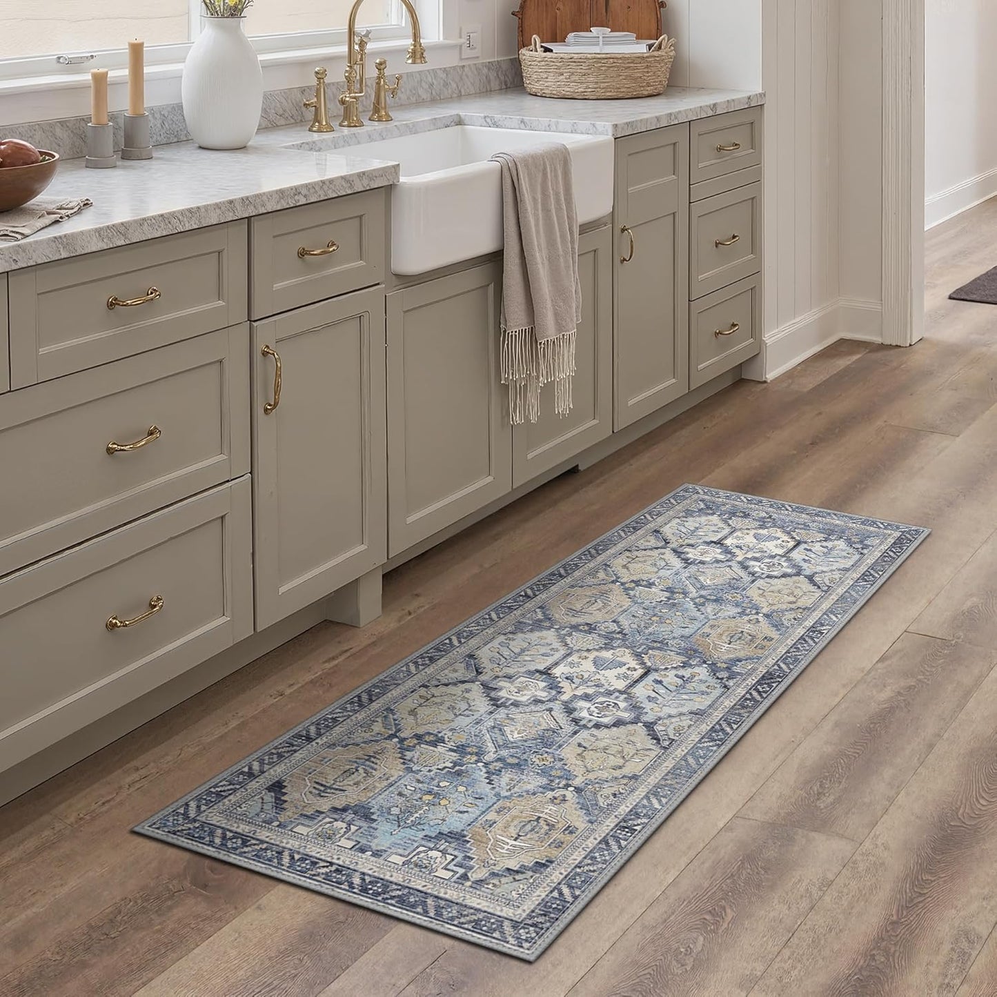 GENIMO 2x5 Runner Rugs for Hallway, Machine Washable Non Slip Vintage Rugs, Low Pile Lightweight Soft Print Rug for enrtyway, Corridor, Home Office, Kitchen, Brown Blue