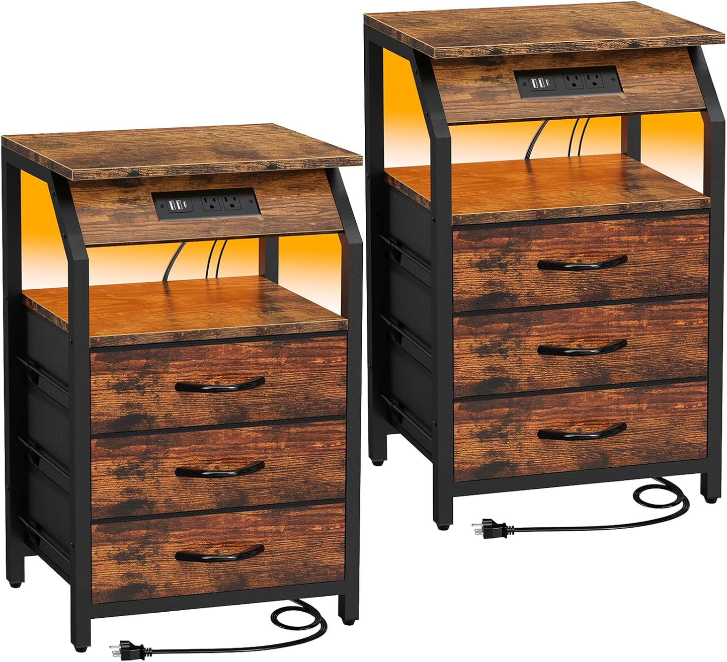 End Tables Set of 2, Nightstands with Charging Station and LED Lights, 3 Drawers Fabric Dresser, Storage Side Tables for Bedside, Living Room, Rustic Brown