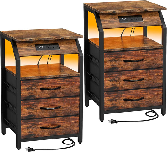 End Tables Set of 2, Nightstands with Charging Station and LED Lights, 3 Drawers Fabric Dresser, Storage Side Tables for Bedside, Living Room, Rustic Brown