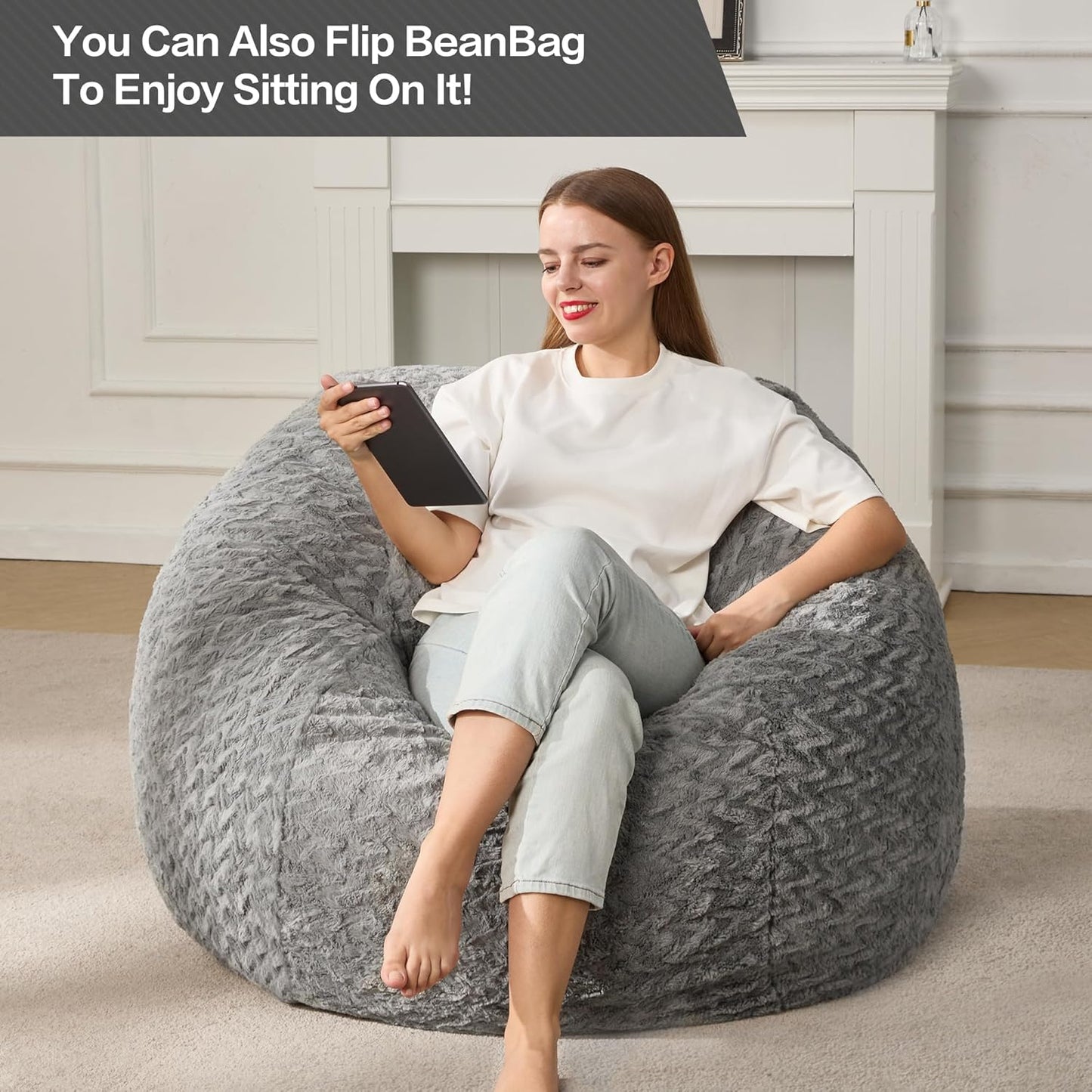 Hobestluk 3ft Bean Bag Chairs for Adults Large Beanbag Chair with Chevron Plush Fur Cover Big Bean Bag Chair for Living Room Bedroom Dorm Office - Grey (36” x 36” x 22”)