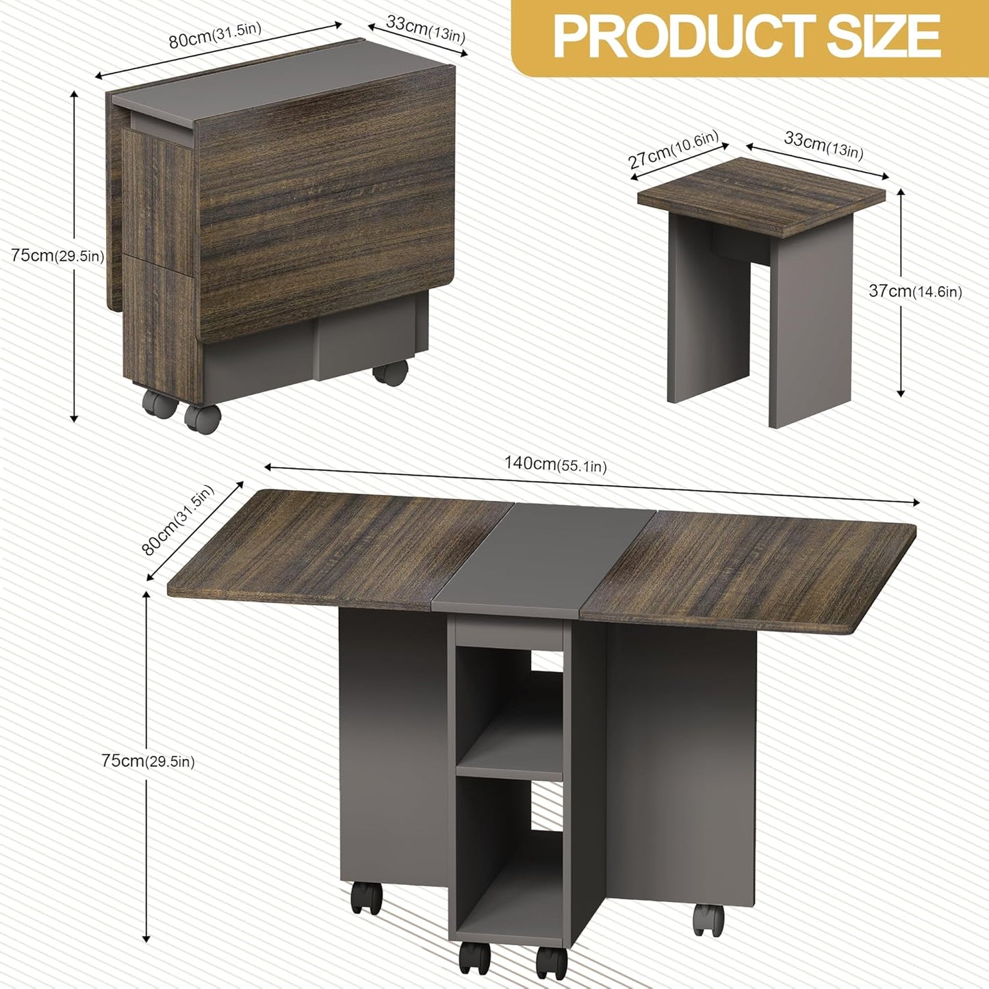 Ball & Cast 5 Pieces Folding Extendable Dining Table Set with 4 Chairs for 4 Peoples,55'' Drop Leaf Wood Kitchen Table Set w/Storage and 6 Wheels,Easy to Assemble,for Small Space,Brown+Gray