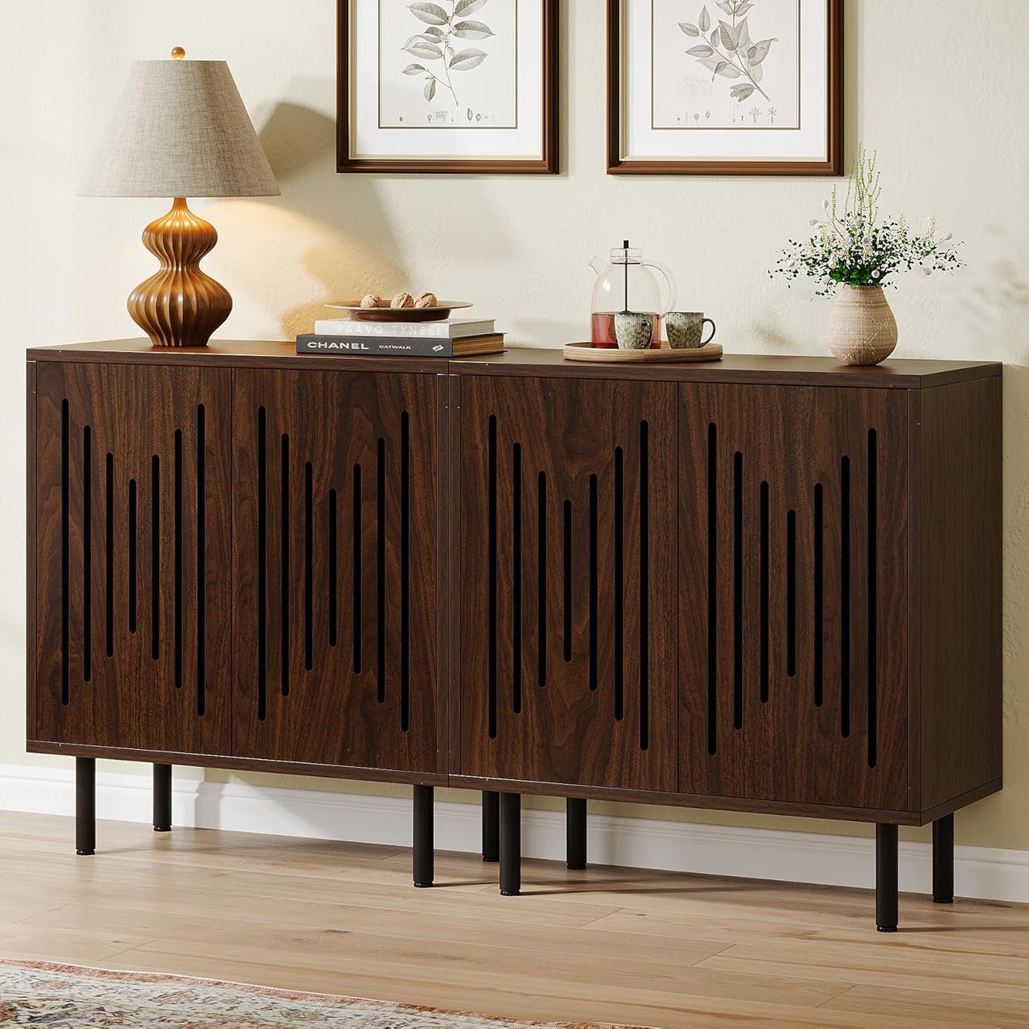 Tribesigns Set of 2 Sideboard Buffet with Storage, 59" Buffet Sideboard Cabinet with Adjustable Shelves, Accent Storage Cabinet for Living Room, Dark Brown