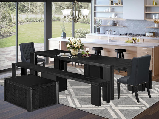 X02FO-2C6-24 - 5-piece Modern Dining Table Set a Rectangular Kitchen Table and 2 wooden Benches and 2 Black Linen Fabric Dining Chair, 39x120 Inch, Wire Brushed Black