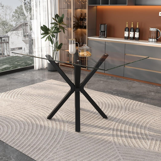 Tempered Glass Dining Table for 4, 48 Inch Rectangular Kitchen Table with Black Metal Legs Modern Style Dinner Table for Dining Room Kitchen
