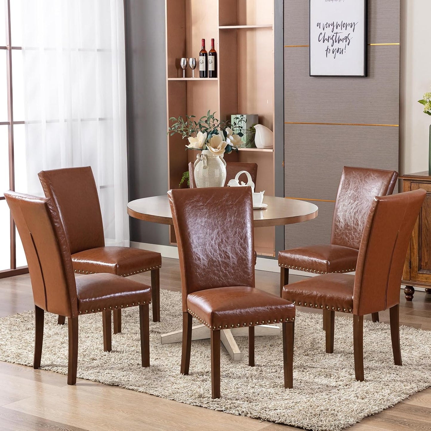 COLAMY Upholstered Parsons Dining Chairs Set of 4, PU Leather Dining Room Kitchen Side Chair with Nailhead Trim and Wood Legs - Light Brown