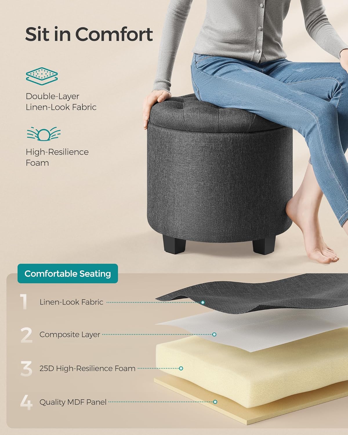 SONGMICS Round Ottoman, Ottoman with Storage, 17.7 Dia. x 17.5 H Inches Foot Rest with Legs, Load up to 330 lb, for Living Room, Bedroom, Dark Gray ULOM011G01