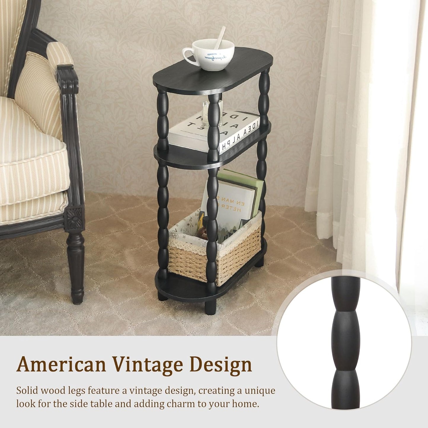 MaxSmeo Small Narrow Side Table, 3-Tier Narrow End Table with Storage, Skinny Side Table Nightstand for Small Space, Bedrooms, Living Room (Black)