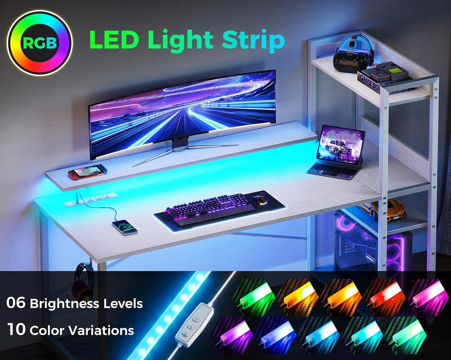 ODK Reversible Gaming Desk with USB Charging Port and LED Lights, 40 Inch Computer Desk with Storage Shelves & Monitor Stand, Writing Study Table for Home Office, Small Space Bedroom, White