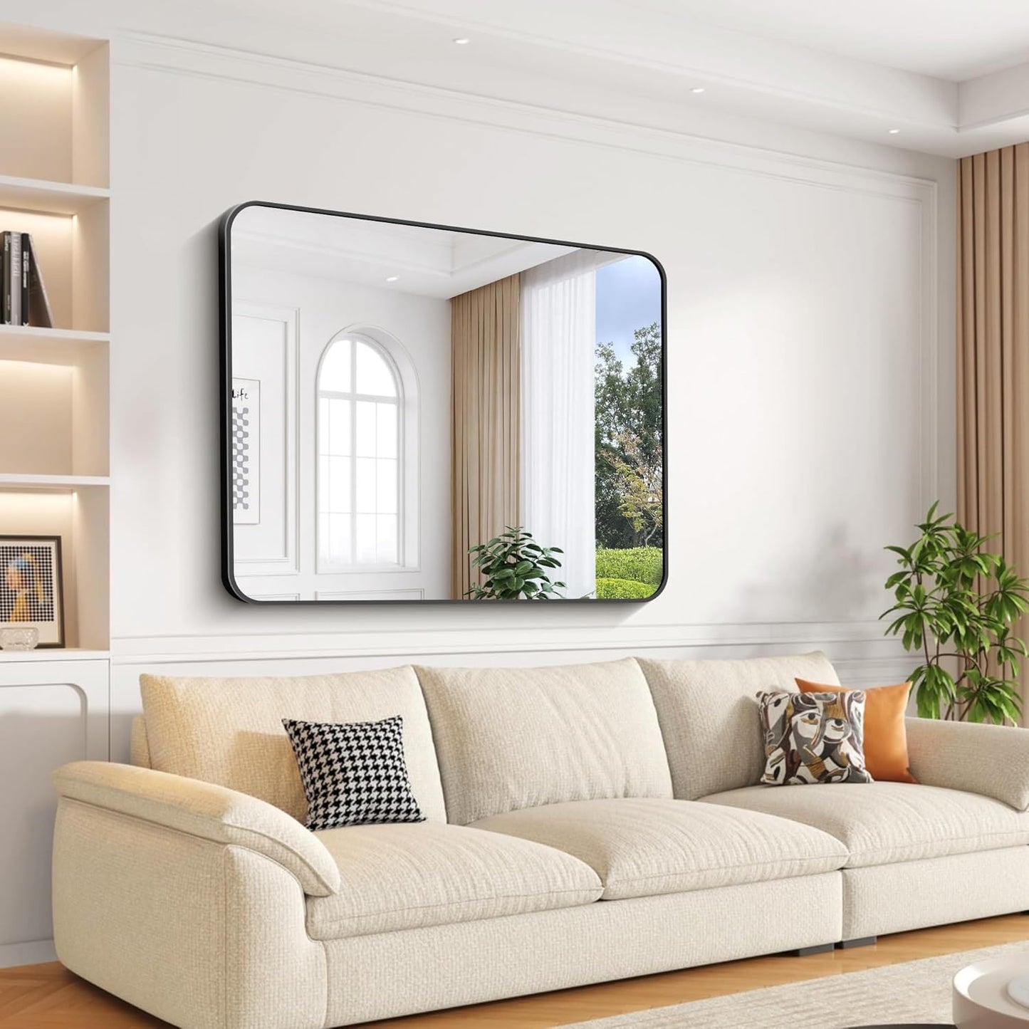 Bathroom Mirror, 48x36 inch Black Rectangle Wall Mirror, Metal Frame Rounded Corner Vanity Mirror, Large Wall Mounted Mirror for Over Sink Bedroom Living Room Horizontal Or Vertical Mounting