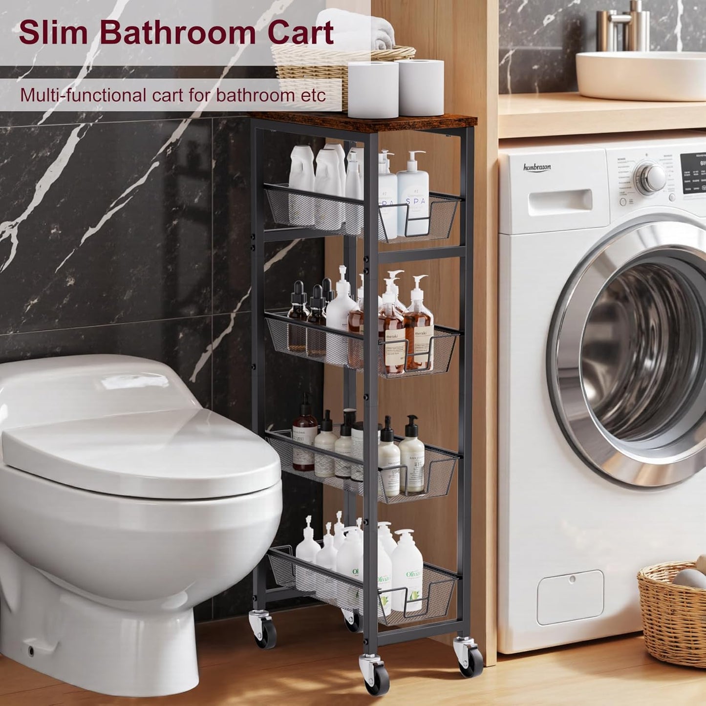 Slim Rolling Cart, 5-Tier Storage Cart, 9.1inch Narrow Kitchen Rolling Cart on Wheels for Small Space, Utility Cart Shelving Unit with Wooden Top and Metal Handle for Kitchen, Bathroom, Laundry Room