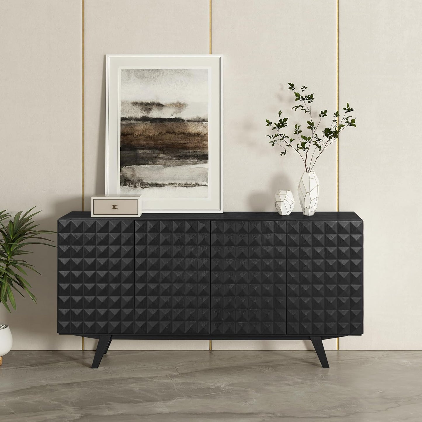 NTC Sapa Mid-Century Modern Solid Wood Sideboard – 4-Door Accent Buffet Cabinet with Carved Geometric Fronts, for Living Room, Dining Room, or Entryway, Effortless Assembly, Burnt Black