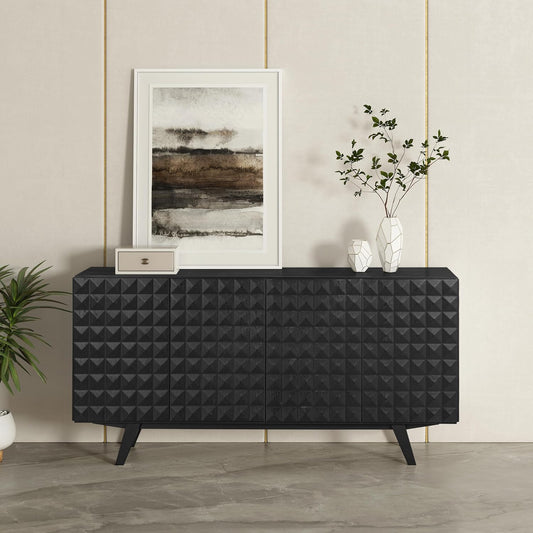 NTC Sapa Mid-Century Modern Solid Wood Sideboard – 4-Door Accent Buffet Cabinet with Carved Geometric Fronts, for Living Room, Dining Room, or Entryway, Effortless Assembly, Burnt Black