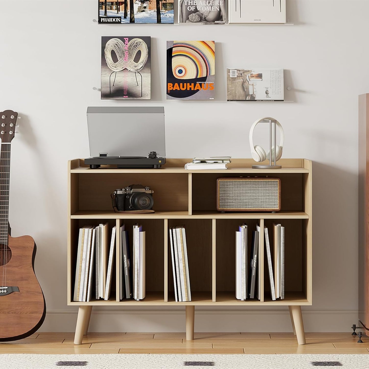 ChooChoo Record Player Stand, Turntable Stand with Vinyl Storage, Record Player Cabinet Up to 350 Albums, Cube Storage Organizer for Living Room, Natural