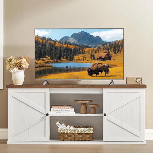 VASAGLE Farmhouse TV Stand for TVs up to 65 Inches, Entertainment Center with Storage Cabinets and Sliding Barn Doors, Media Console Table for Living Room, Rustic White and Honey Brown ULTV535W01