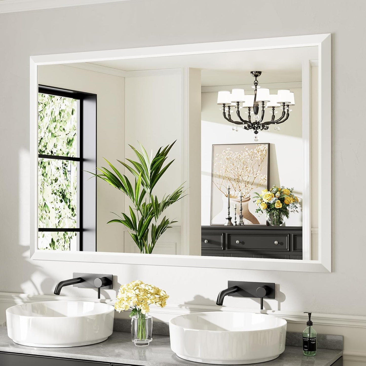 60x40 Inch White Bathroom Mirror for Wall, Thick Metal Framed Rectangle Mirrors for Over Sink, Bedroom, Living Room, Entryway, Anti-Rust, HD Tempered Glass