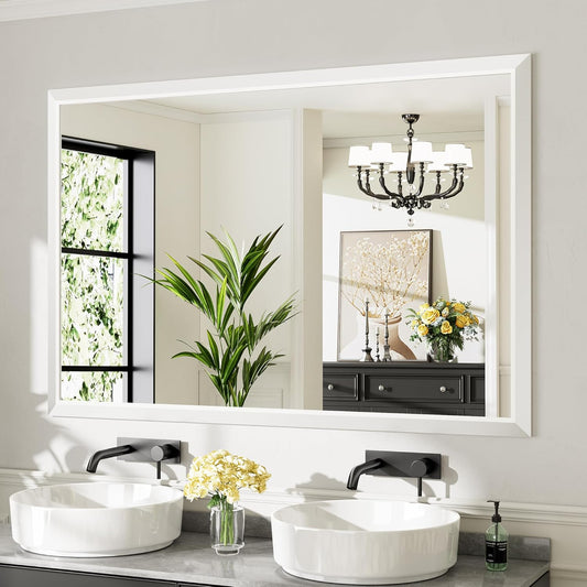 60x40 Inch White Bathroom Mirror for Wall, Thick Metal Framed Rectangle Mirrors for Over Sink, Bedroom, Living Room, Entryway, Anti-Rust, HD Tempered Glass