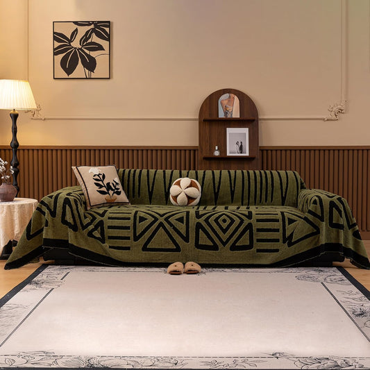 HANDONTIME Olive Green Sofa Covers for Sectional Sofa Boho Couch Cover for Dogs Christmas Green Throw Couch Cover Shu Velveteen Black Loveseat Covers Short Plush L Shaped Cover Washable, 71" X118"