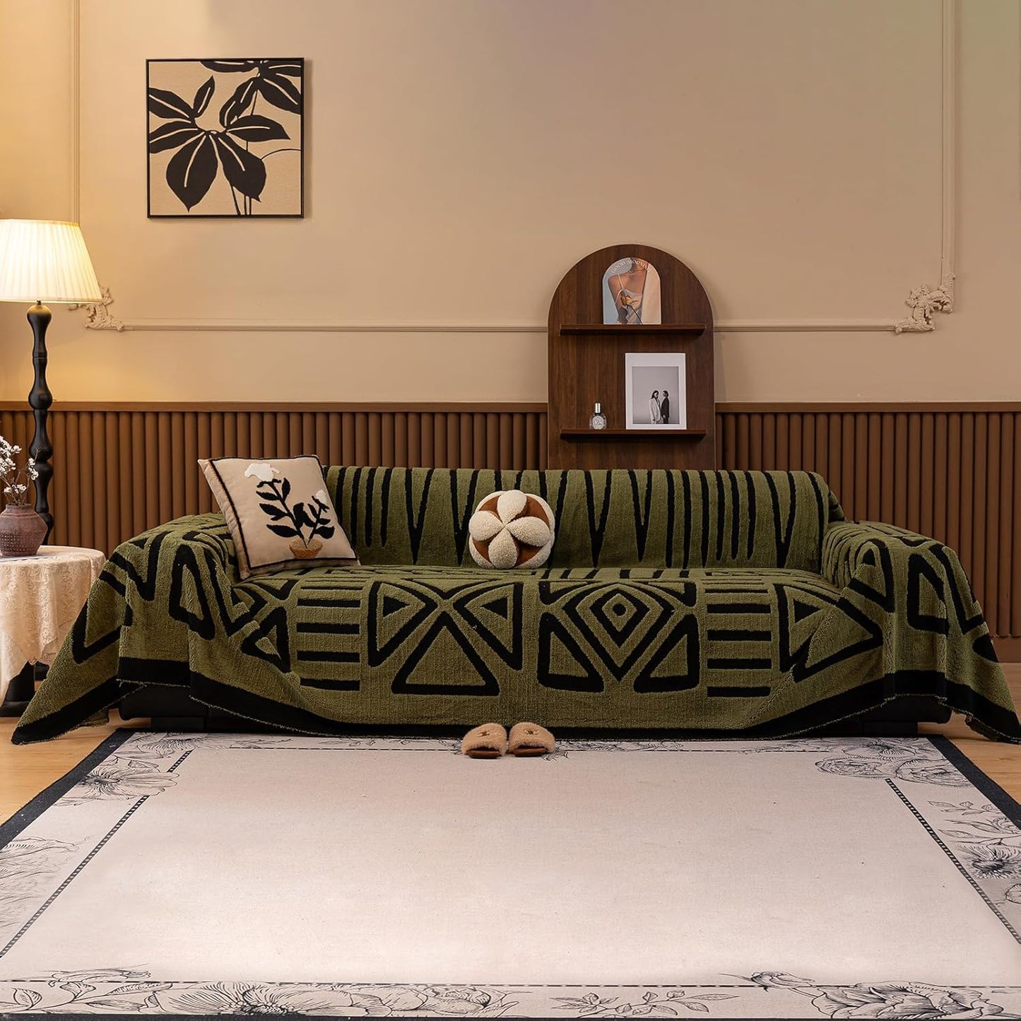 HANDONTIME Olive Green Sofa Covers for Sectional Sofa Boho Couch Cover for Dogs Christmas Green Throw Couch Cover Shu Velveteen Black Loveseat Covers Short Plush L Shaped Cover Washable, 71" X134"