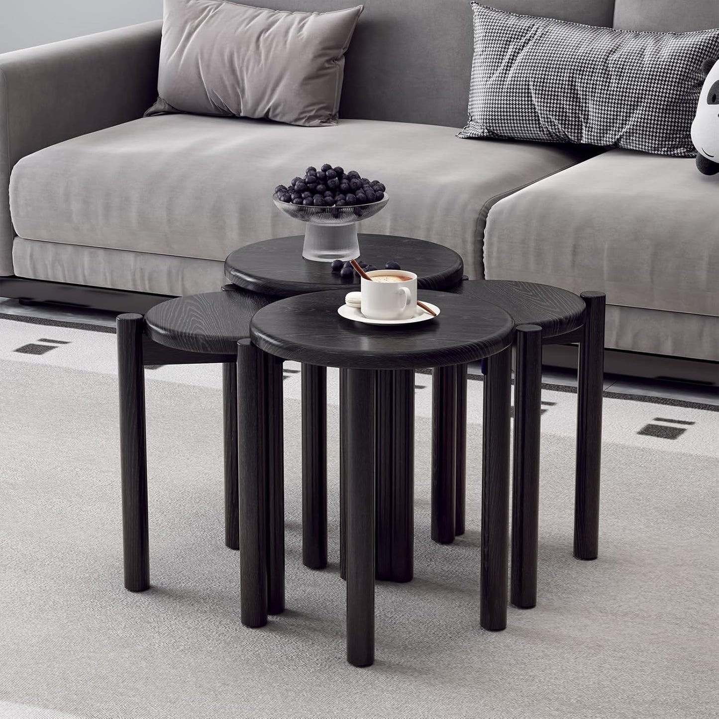 Stackable Stools Set of 4,Wood Stool,18 Inch Stool,Stacking Stools,Nesting Table,Sturdy and Durable,No Installation Required,Top Stackable Round Side Table (Black Barstool)