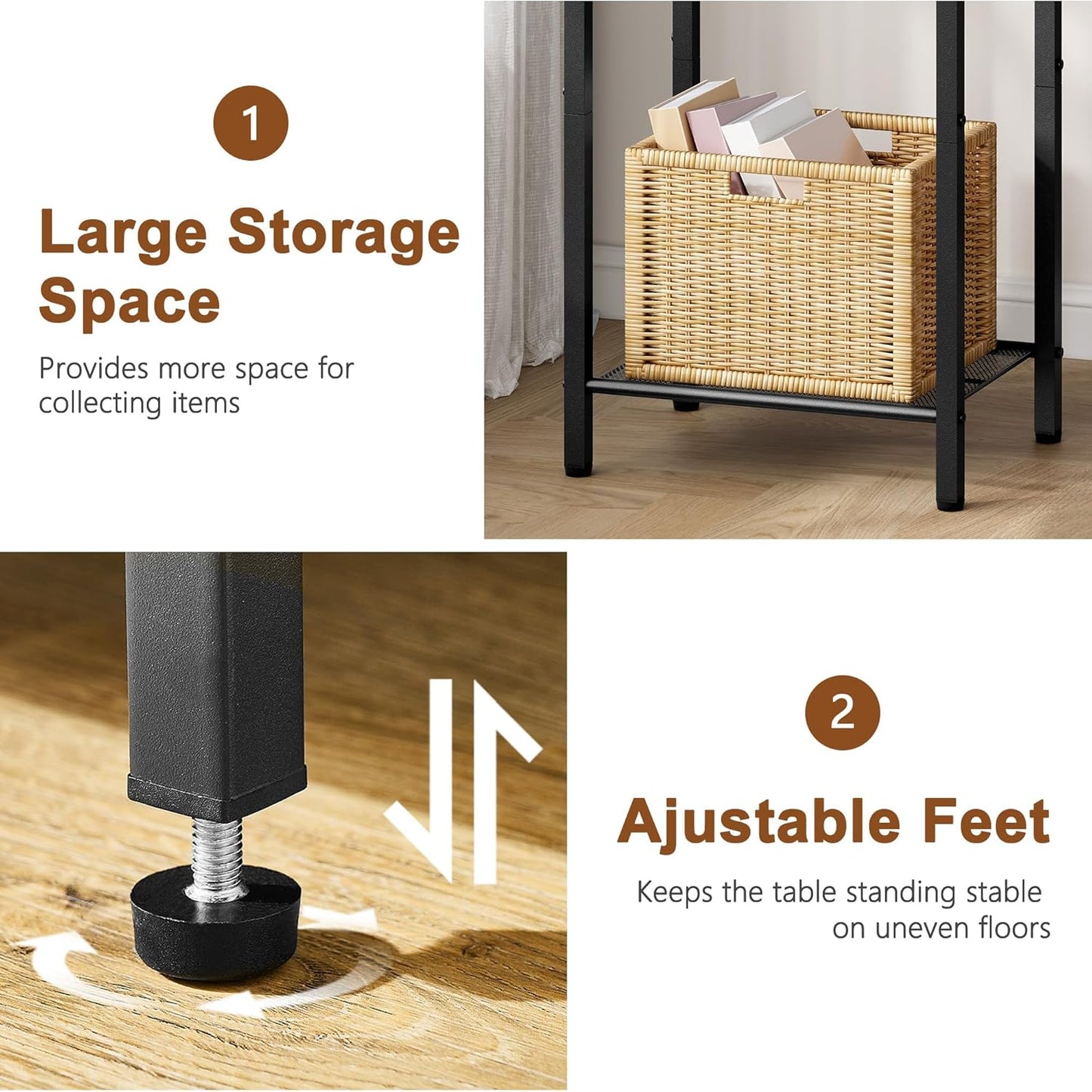 Hoctieon 3 Tier End Table, Telephone Table, Narrow Side Table with Storage, Nightstand for Small Spaces, Metal Frame, For Living Room, Bedroom, Sofa Couch, Hall, Easy Assembly, Rustic Brown