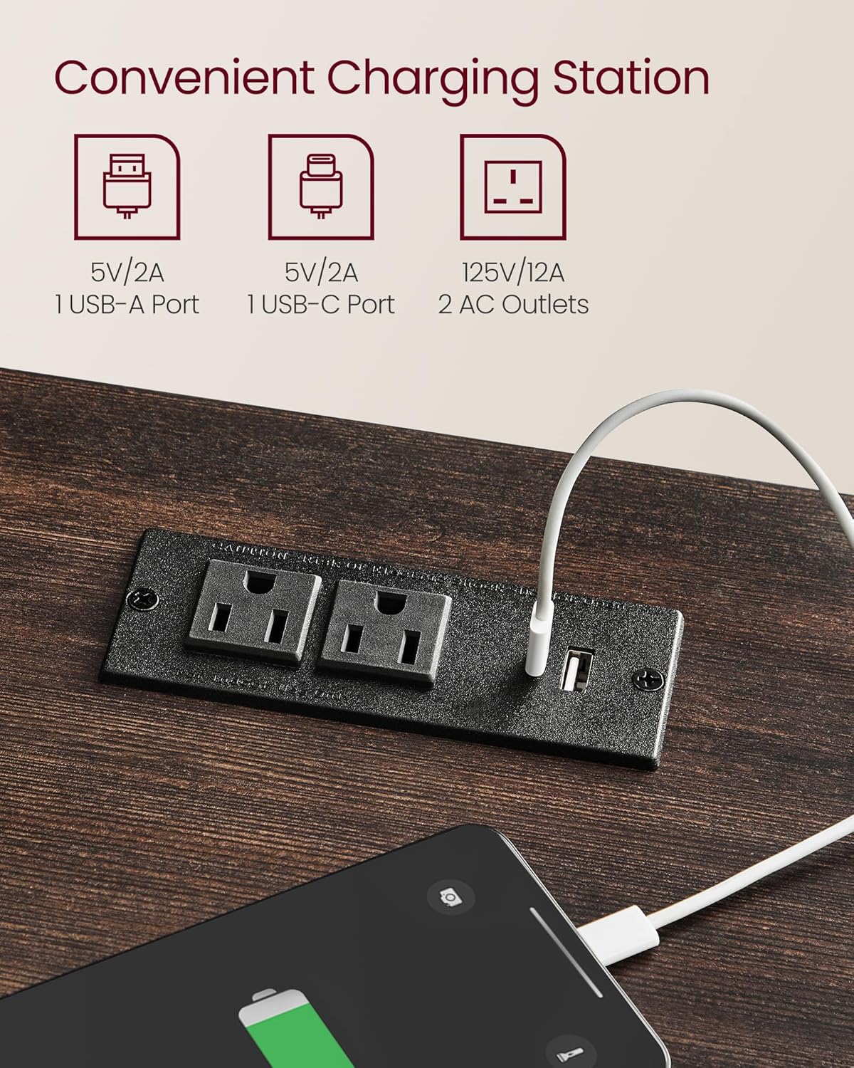 VASAGLE LIRY Collection - Farmhouse Nightstand with Charging Station, Bedside Table, Side Table with Drawer, Open Compartment, for Bedroom, Maroon Brown ULET659K51