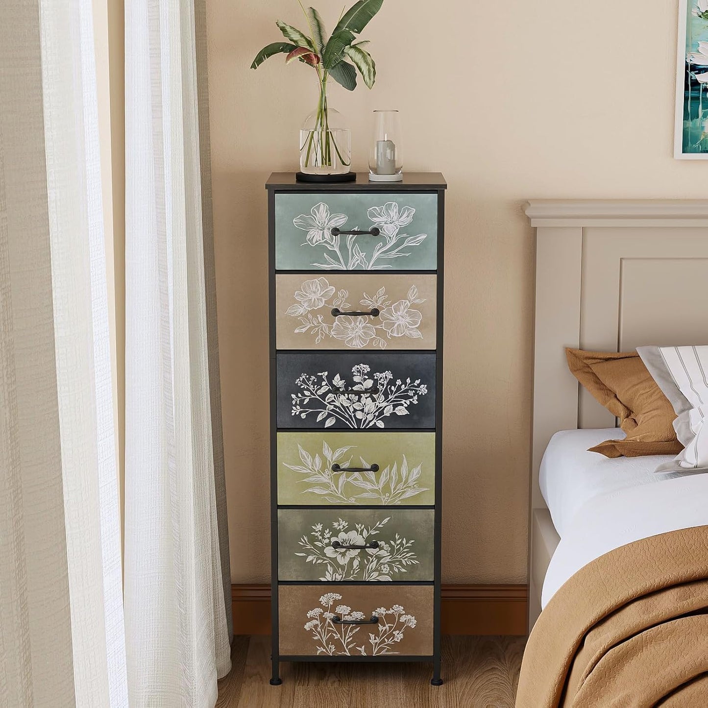 Tohomeor Vintage Dresser Vertical Nightstand with Neutral Botanical Plant Fabric Chest Drawers for Closet Bathroom Storage Tower Unit Bed Side Organizer Farmhouse Rustic (Multi, 6 Drawers)