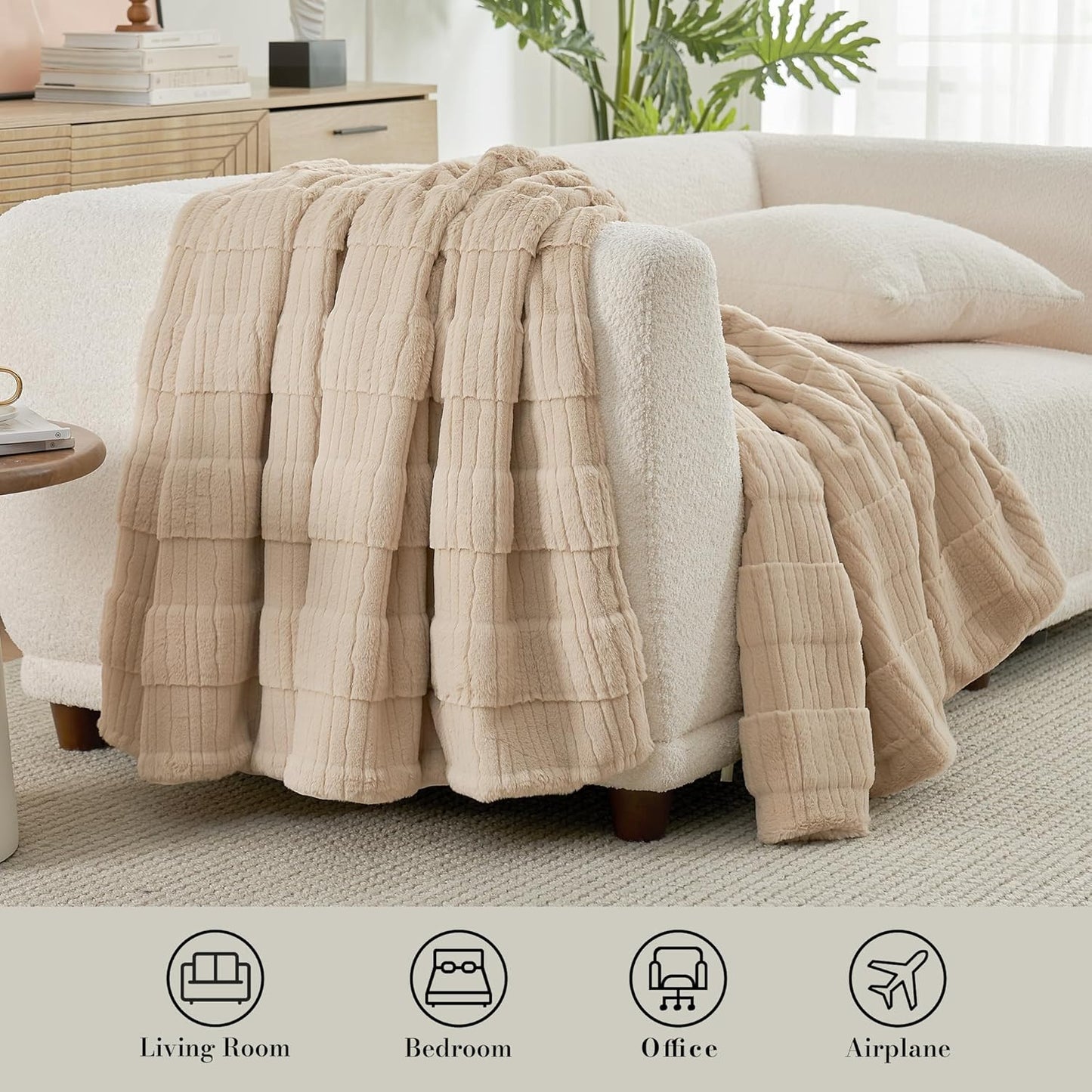Amélie Home Luxury Striped Faux Fur Throw Blanket for Couch, Embossed Split Fur Cozy Fuzzy Fluffy Luxurious Soft Plush Sofa Chair Bed Gift Blankets for Women Men Wife Friend, 88"x90", Beige
