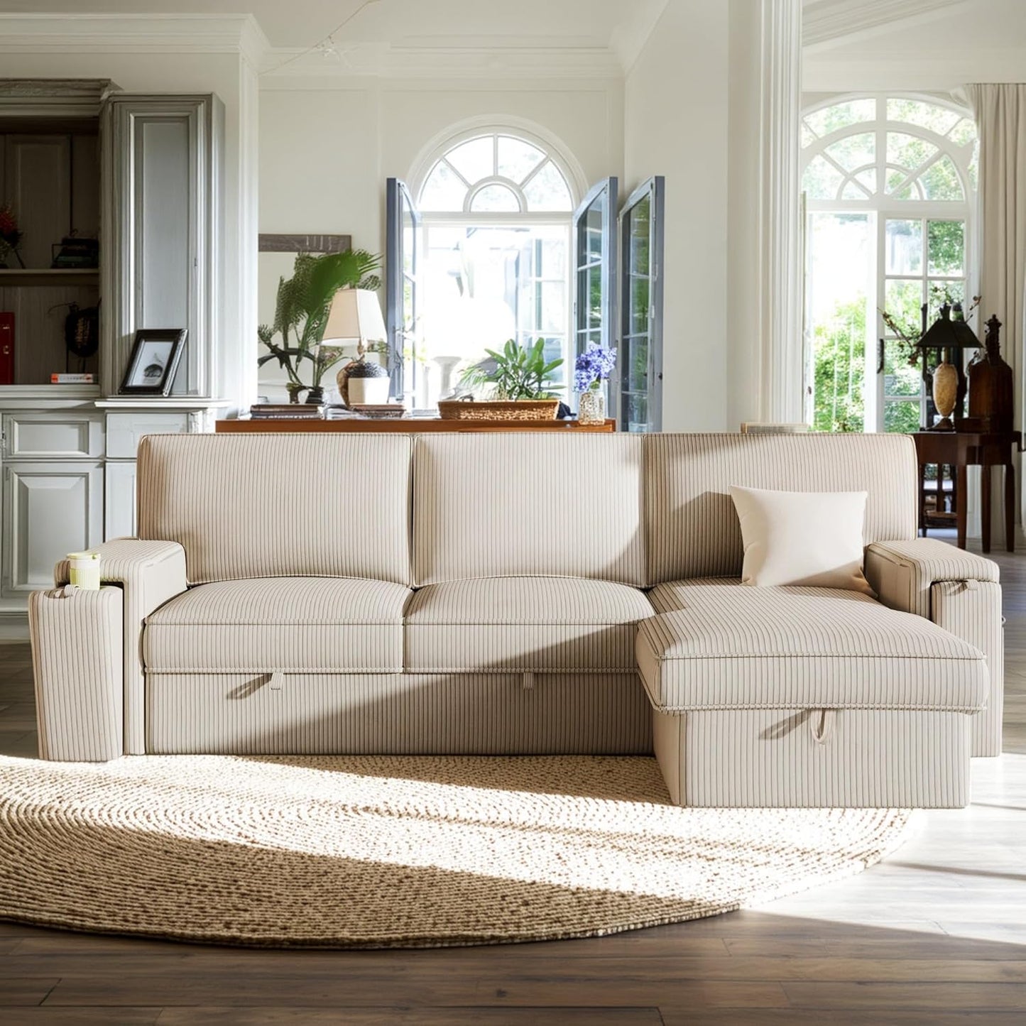 96.1 Inch L-Shaped Convertible Sectional Sleeper Sofa with Pull Out Bed, Storage Bags and 2 Hidden Cup Holders on Arms, Upholstered Corner Couch for Living Room Office Apartment, Beige