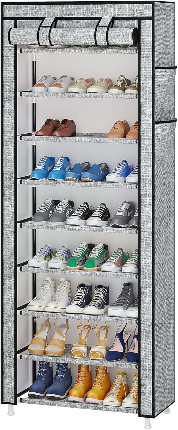Calmootey 9 Tier Shoe Rack Organizer,Portable Shoe Shelf with Nonwoven Fabric Cover for Closet Hallway,Bedroom,Entryway, Ash Grey