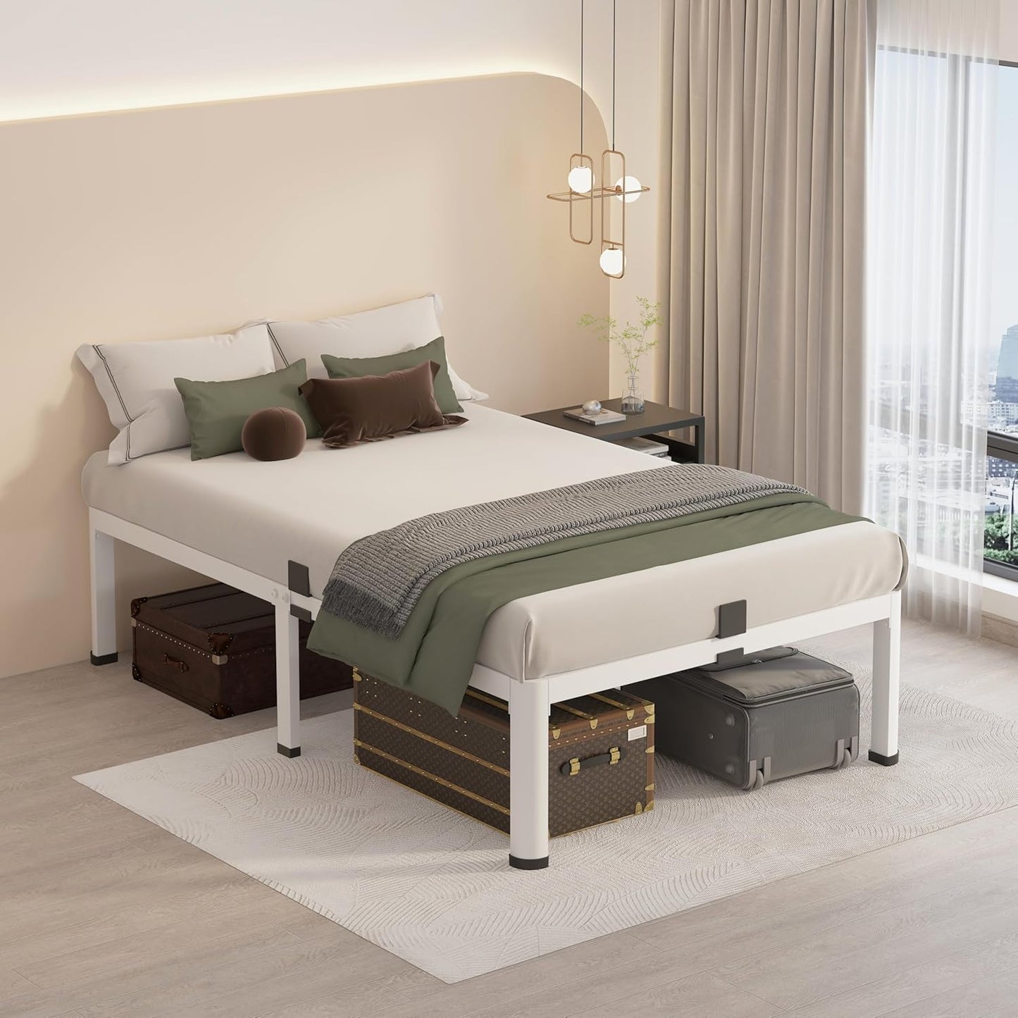 MAF 18 Inch Twin XL Bed Frames White with Round Corner Legs Mattress Slide Stopper No Box Spring Needed Heavy Duty Metal Platform Bed Frame Under-Bed Storage Space, 3000 LBS Steel Slats Support