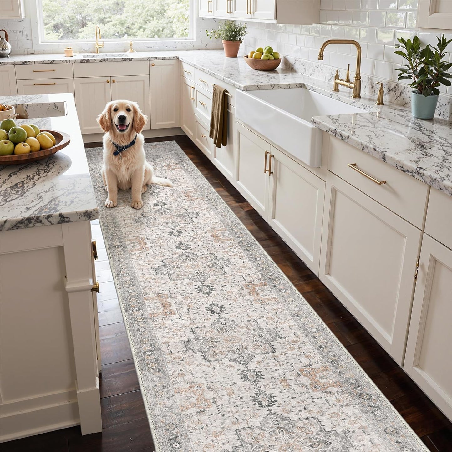 GENIMO 3x14 Runner Rugs for Hallway, Machine Washable Non Slip Vintage Rugs, Low Pile Soft Chenille Print Rug for enrtyway, Corridor, Home Office,Light Taupe Brown