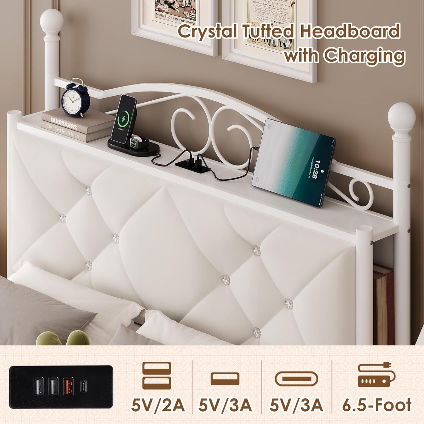 Queen Upholstered Canopy Bed Frame with 2 Drawers & Crystal Tufted Storage Headboard Metal Platform Bed with Charging Station & 4 Removable Posts No Box Spring Needed Curtain Not Included, Beige