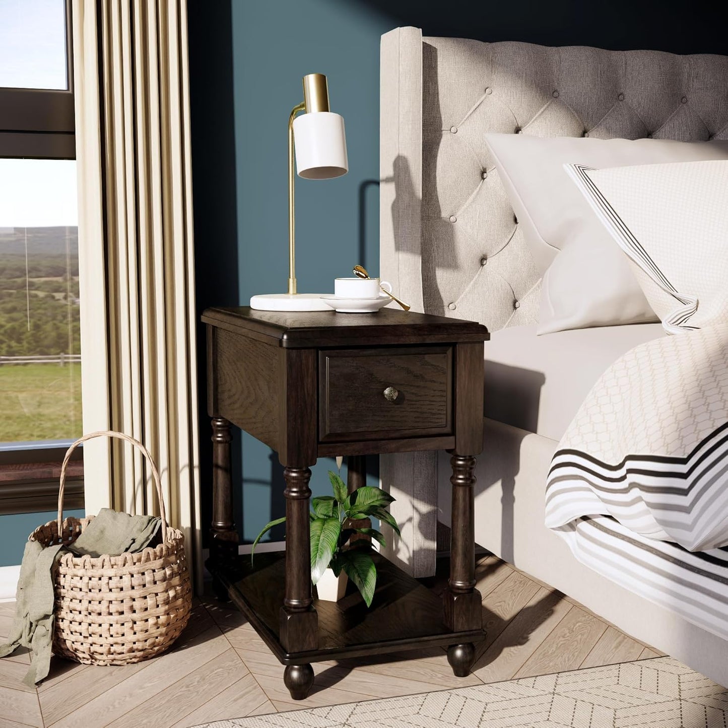 Narrow End Table with Drawer and Open Storage Shelf, Solid Wood Sofa Side Table for Living Room, Beside Table,Telephone Table for Small Spaces, No-Tools Assembly Vintage Black BBJ004BK