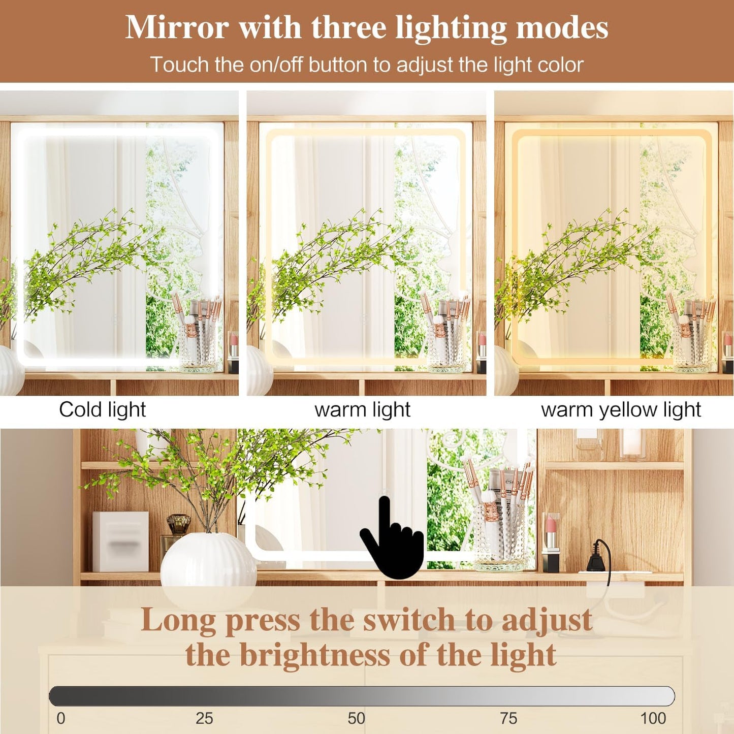 Makeup Vanity Desk with Mirror and Lights, Vanity Desk with 8 Drawers & Storage Shelves, Vanity Table with Power Outlet, 3 Color Modes & Adjustable Brightness Dressing Table, Bedroom,Oak2