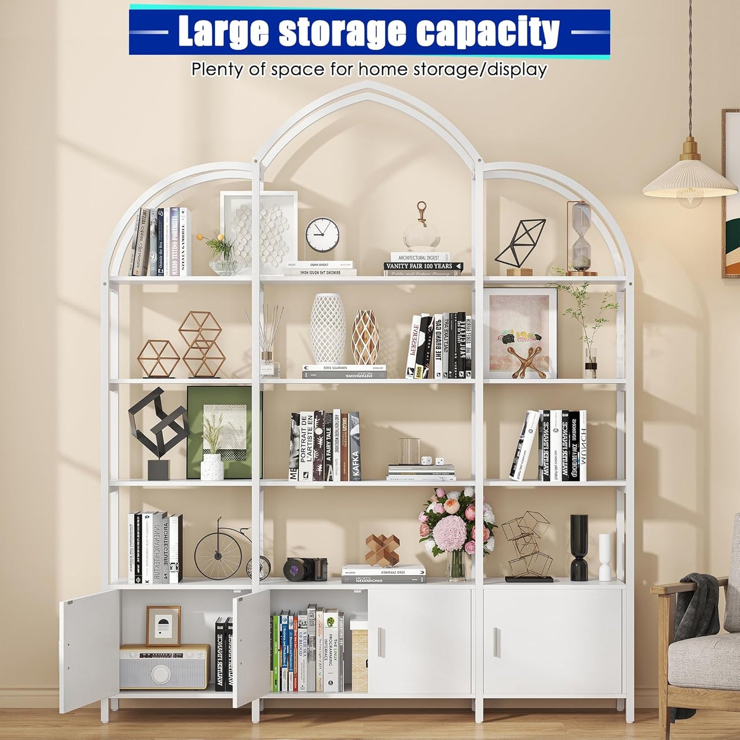 Triple Wide 5 Tier Tall Arched Bookshelf and Bookcase with 3 Cabinets, Industrial Metal Etagere Open Bookshelf, Wood Standing Book Shelf with Black Metal Frame for Bedroom Living Room