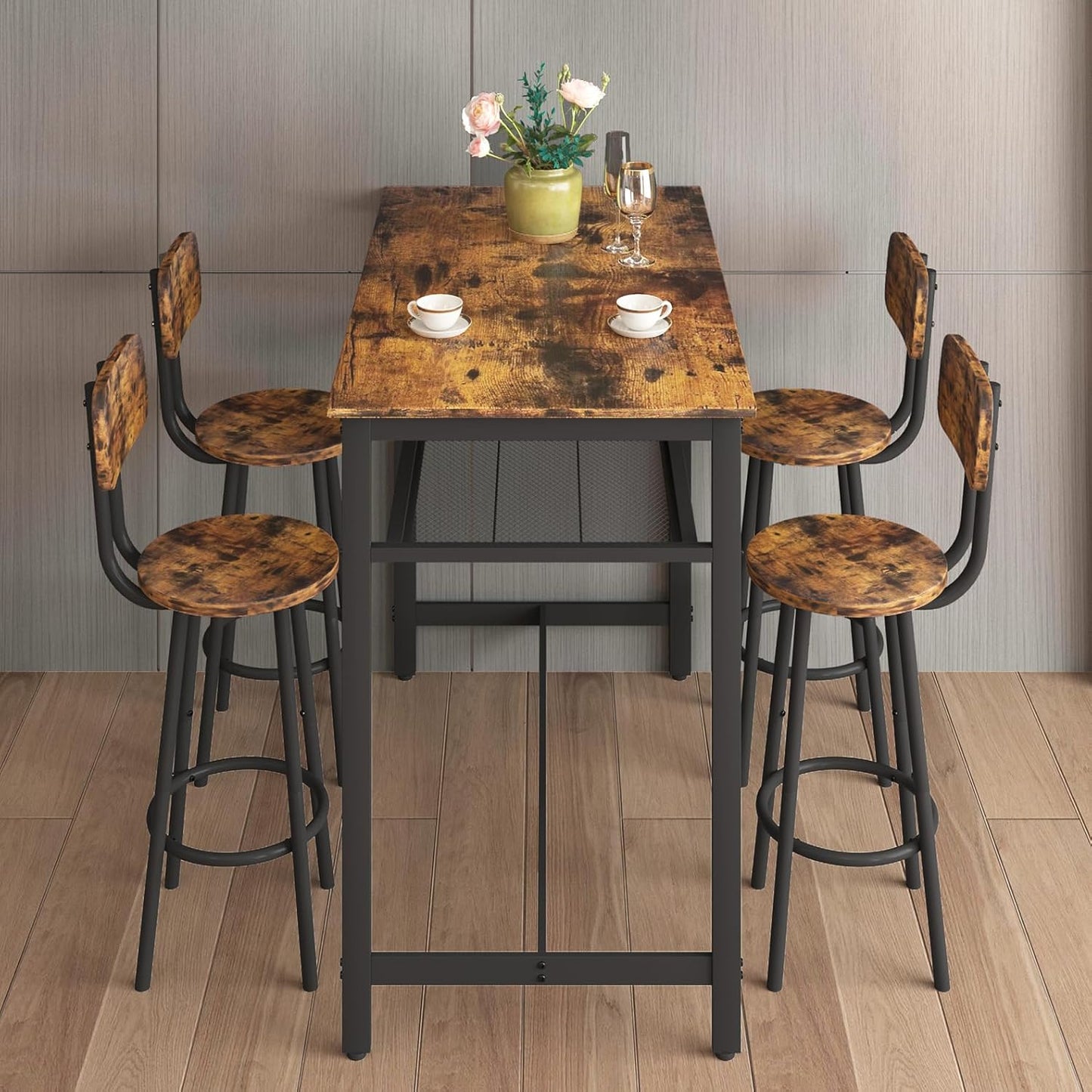 5-Piece Bar Table and Chairs Set, 43.3'' Pub Table Set Modern Small Table and Chairs Set of 4 for Breakfast Nook Living Room Small Space Restaurant, Brown