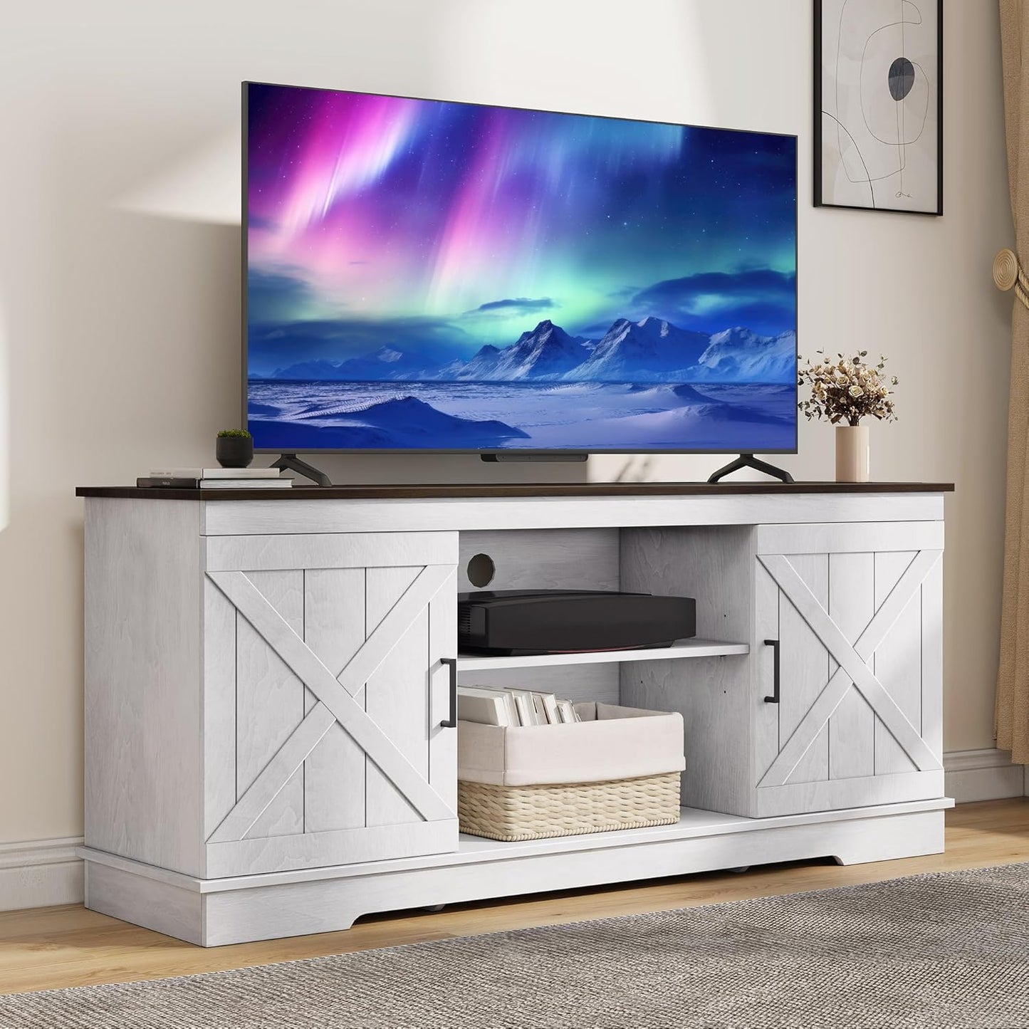DWVO Farmhouse TV Stands for Living Room, Entertainment Center with Storage, TV Stand for 65 Inch TV with Double Barn Doors & Storage Cabinets, Rustic TV Cabinet Media Console, Espresso & Grey White