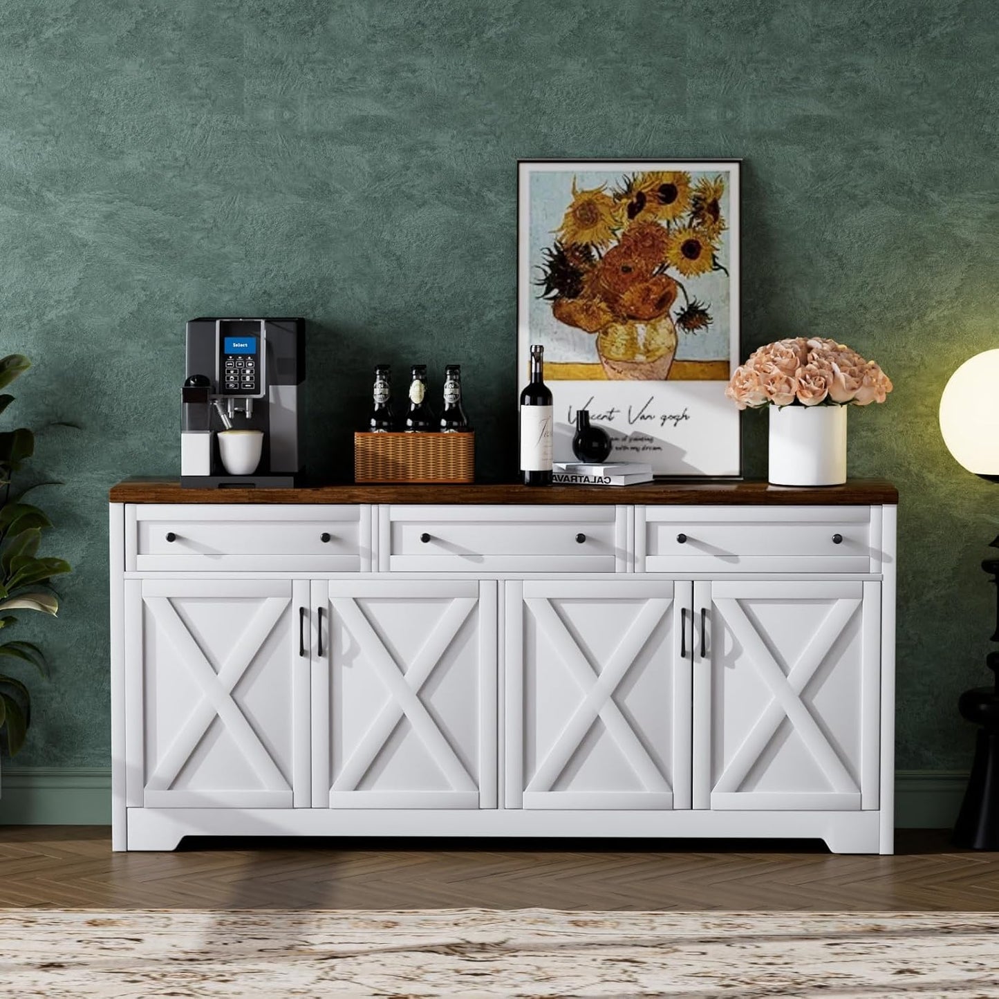 66'' Farmhouse Sideboard Buffet Cabinet with Storage, Large Kitchen Storage Cabinet with Barn Doors Drawers, Brown Coffee Bar Table for Dining Room Kitchen