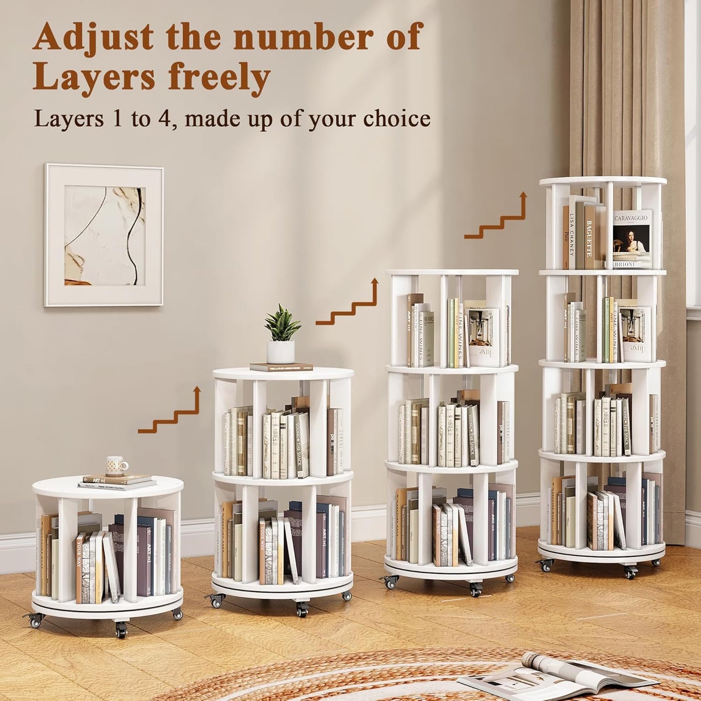 4 Tier Rotating Bookshelf Tower, 360 Spinning Bookcase Carousel with Lockable Wheels, Round Lazy Susan Organizer for Corner Bookshelf, Solid Wood Revolving Bookcase for Kids Room, Bedroom, Living Room