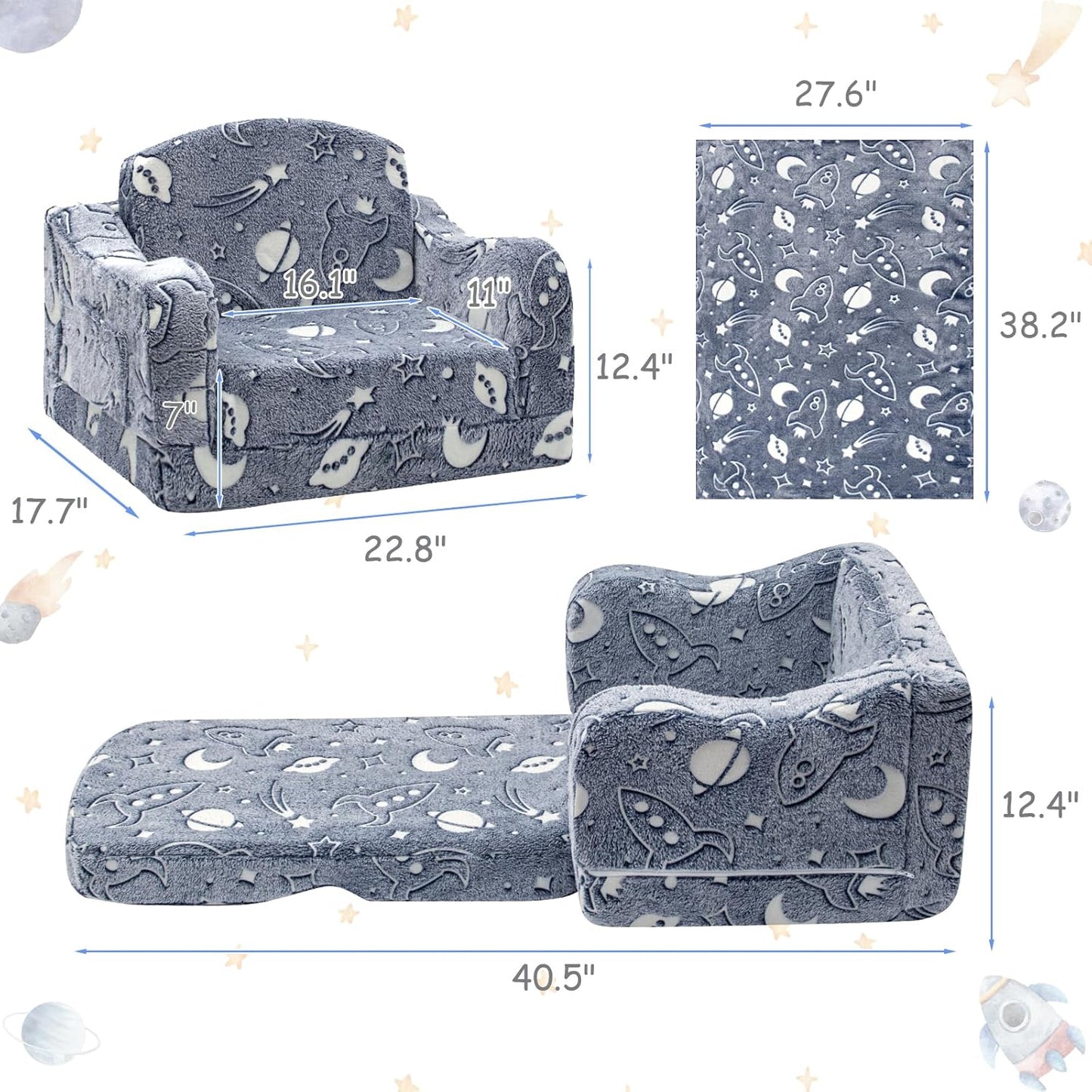 Comfy Toddler Couch and Chair for Kids with Blanket, 2-in-1 Soft Plush Fold Out Kids Sofa Chairs for Girls and Boys, Convertible Sofa to Lounger for Playroom, Glowing Starry Sky