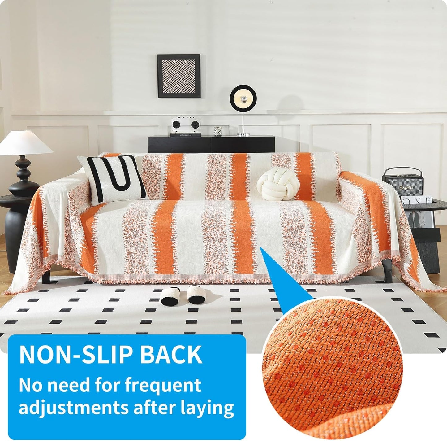 LUFEIJIASHI Boho Couch Covers for Sofa Non Slip Sofa Covers Washable Couch Covers for 3 Cushion Couch Sofa Pet Friendly Sectional Couch Cover Blanket Furniture Protector for Dogs (Orange, 71"x118")
