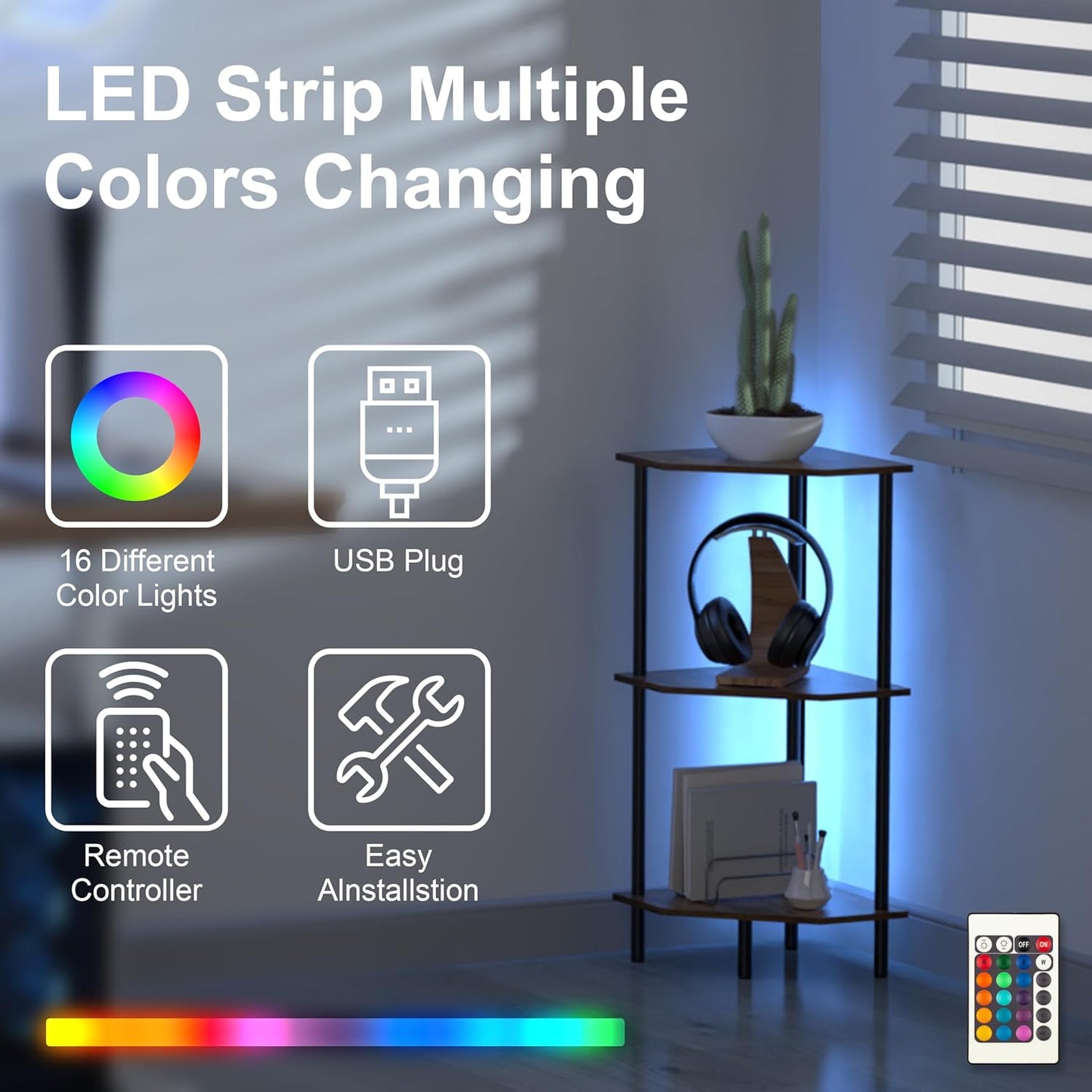 Corner Shelf Stand, Storage Standing Shelf Unit with Metal Frame, Narrow Bookshelf with LED Light Brown Plant Display Stand, Multi Unit Organizer Corner Cabinet for Bedroom, Living Room (3 Tier)