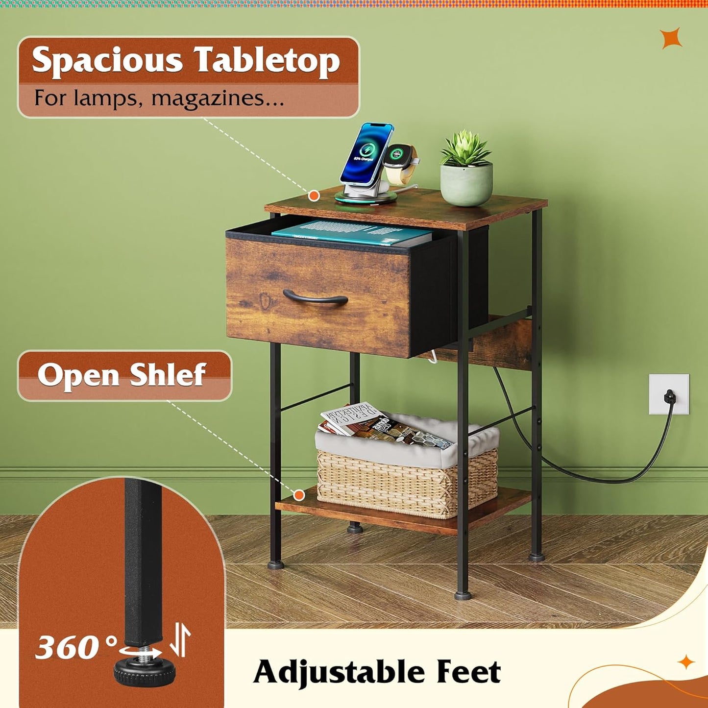 WLIVE Night Stand with Charging Station, Small Nightstand with Fabric Drawer and Open Shelf, 25" H Bedside Table for Bedroom, 2-Tier Storage End Tables, Dresser for Dorm, Entryway, Rustic Brown