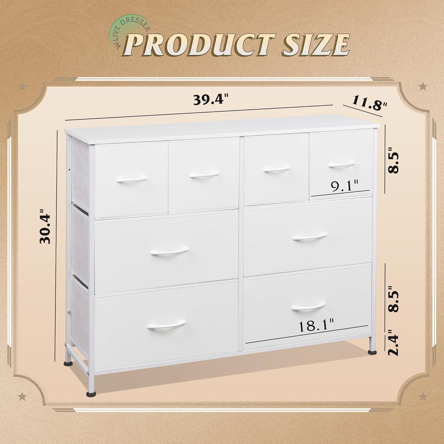 WLIVE Dresser for Bedroom with 8 Drawers, Wide Fabric Dresser for Storage and Organization, Bedroom Dressers, Chest of Drawers for Living Room, Closet, Hallway, White