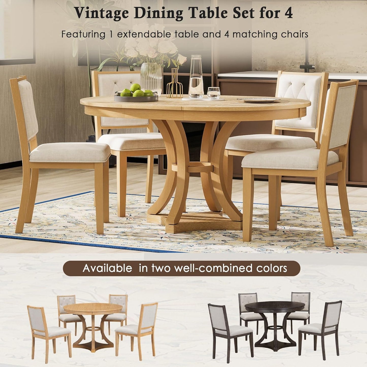 Ball & Cast Retro Dining Table Set for 4 with 4 Upholstered Chairs,5-Piece Wooden Living Room Furniture W/ 42" Round Extendable Kitchen Desk,for Small Space,Apartment,Dining Room,Natural