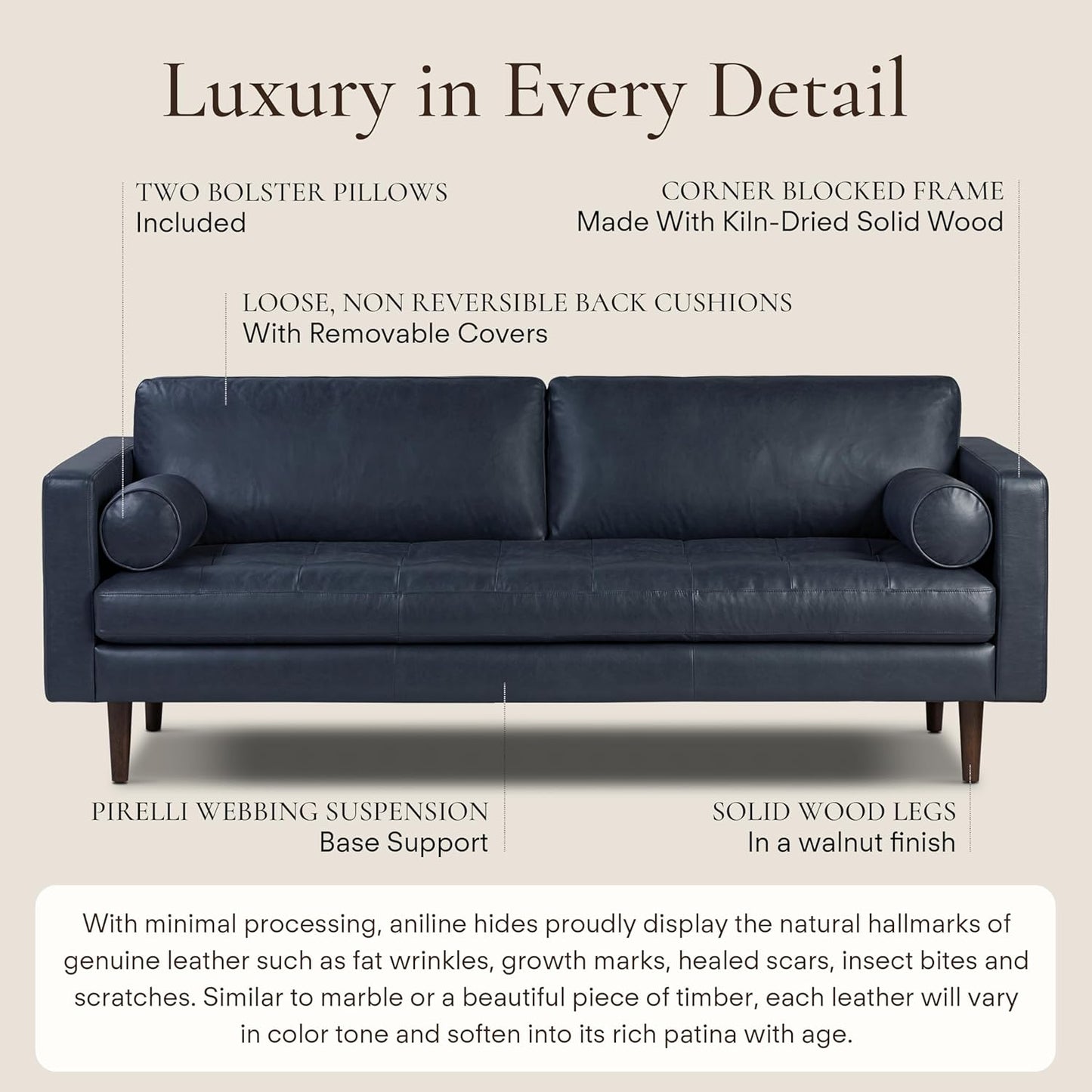 Poly & Bark Napa Leather Couch - 88.5-Inch Office Sofa with 2 Bolsters - Full-Grain Leather Sofa for Living Room with Feather-Down Topper - Living Room Couch - Vintage Italian Leather in Midnight Blue