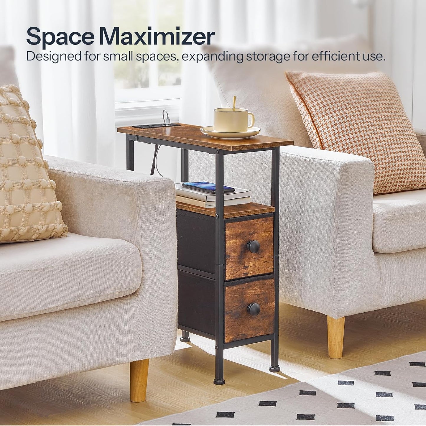 HOOBRO End Table with Charging Station, Narrow Side Table with 2 Fabric Drawers, Skinny Nightstand with Storage, Slim Bedside Table for Living Room, Small Spaces, Rustic Brown and Black BF487UBZ01