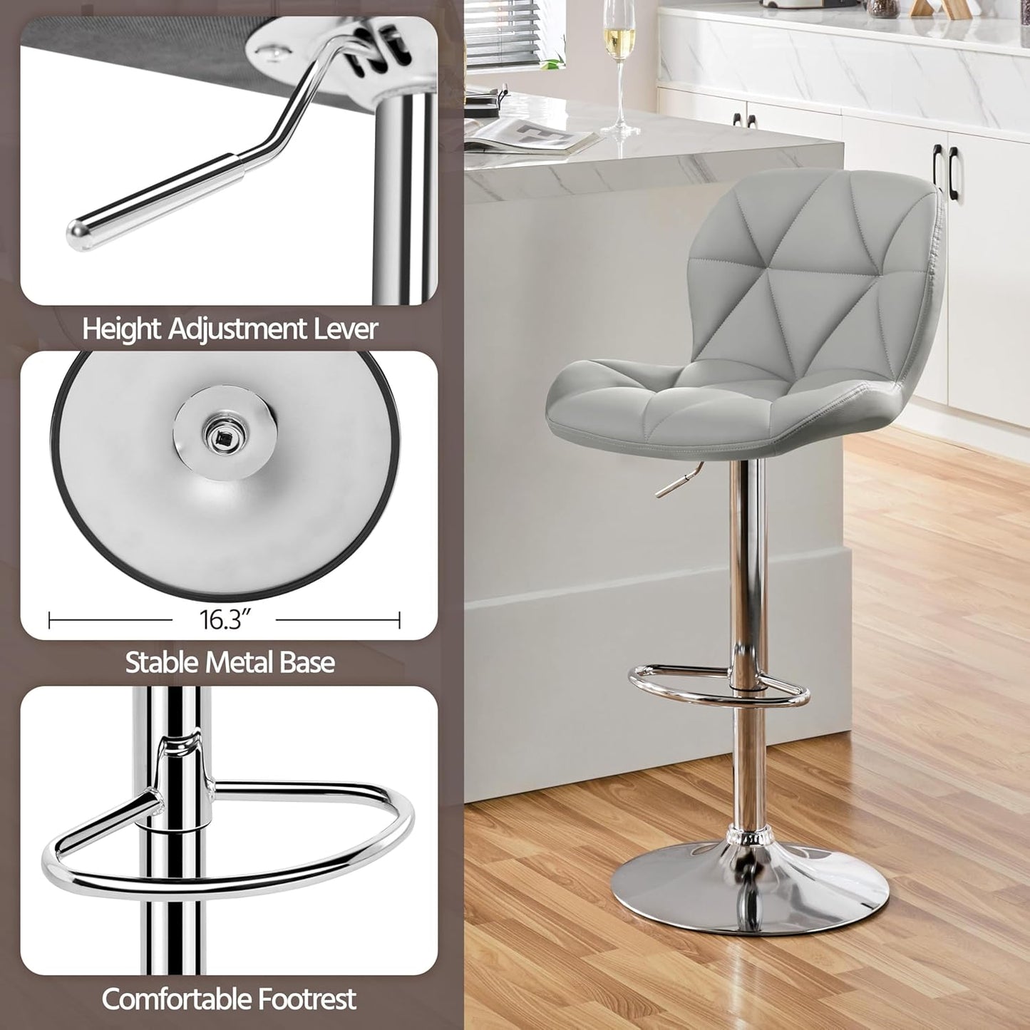 Yaheetech Bar Stools Set of 4, PU Leather Swivel Barstools, Height Adjustable Counter Stools with Backrest fot Kitchen Home Bar, Light Grey