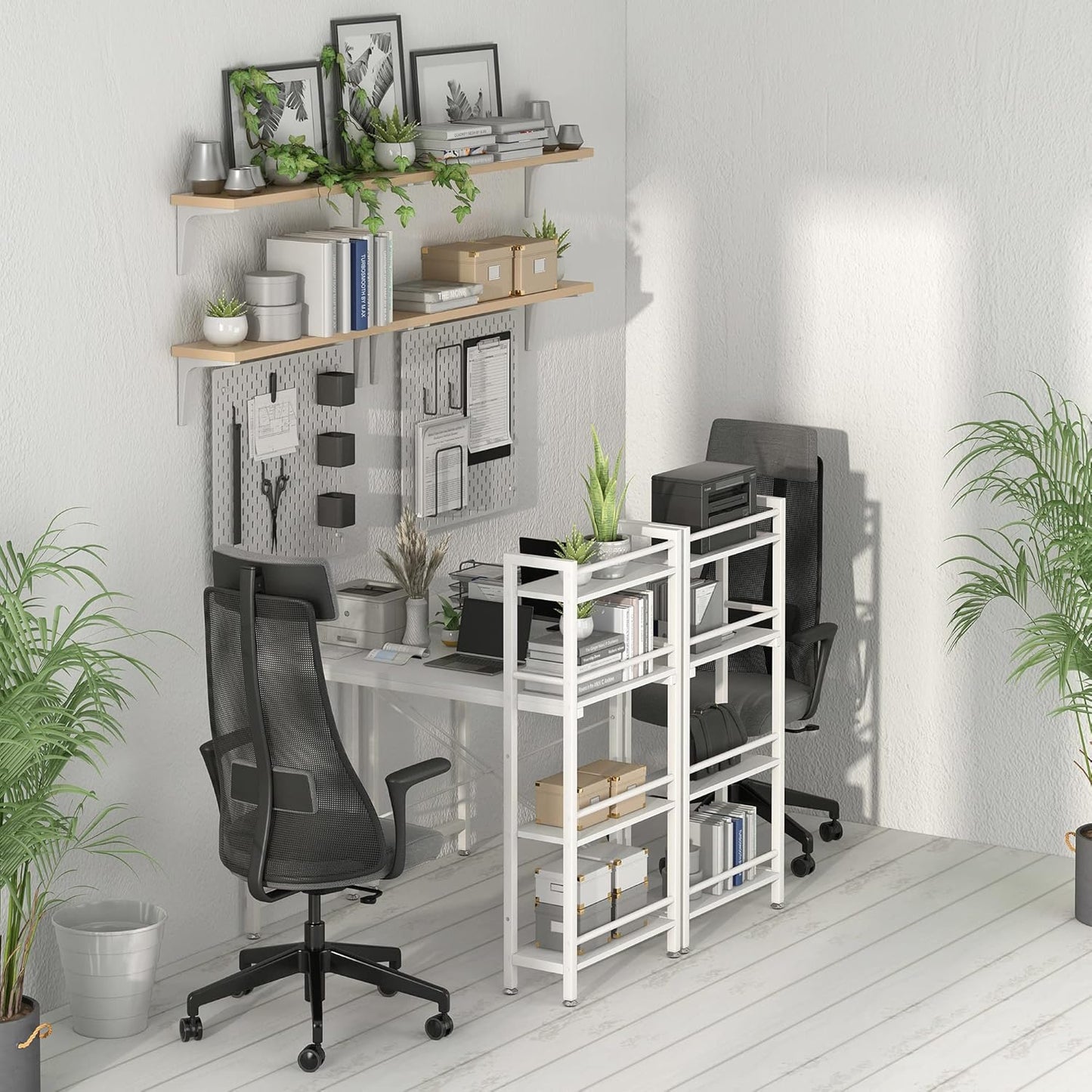 4NM 35" Small Computer Desk with 4-Tier Bookshelf, Home Office Desk Writing Workstation Study Table Multipurpose for Small Space Work - All White